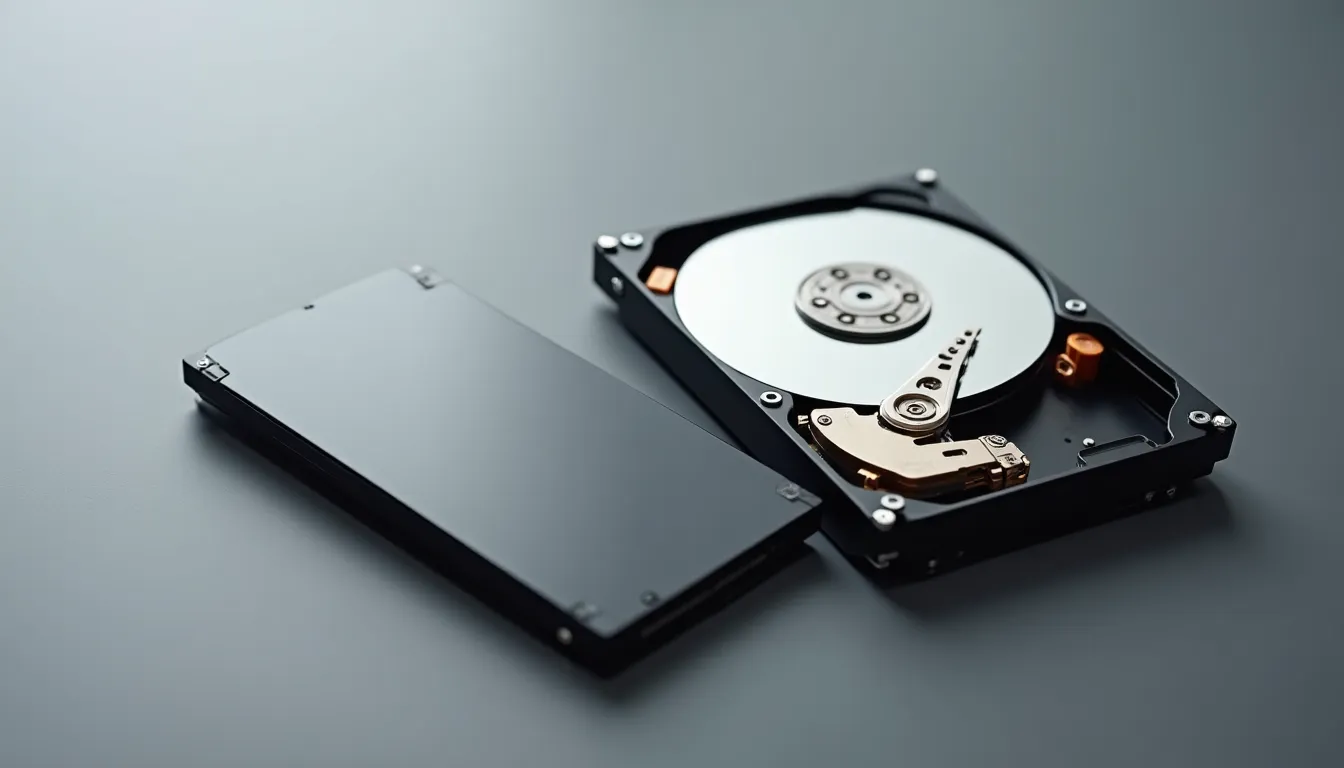 Disque dur ouvert posé à côté d'un SSD