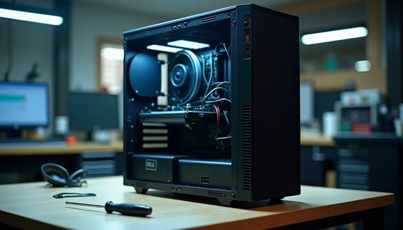Boîtier d'ordinateur ouvert sur un bureau d'atelier