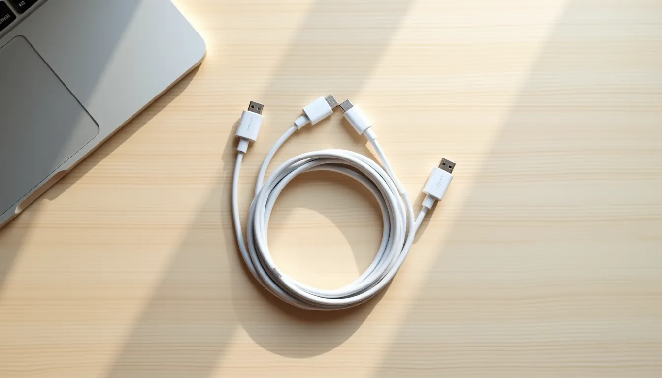 Câbles USB-C enroulés sur un bureau clair